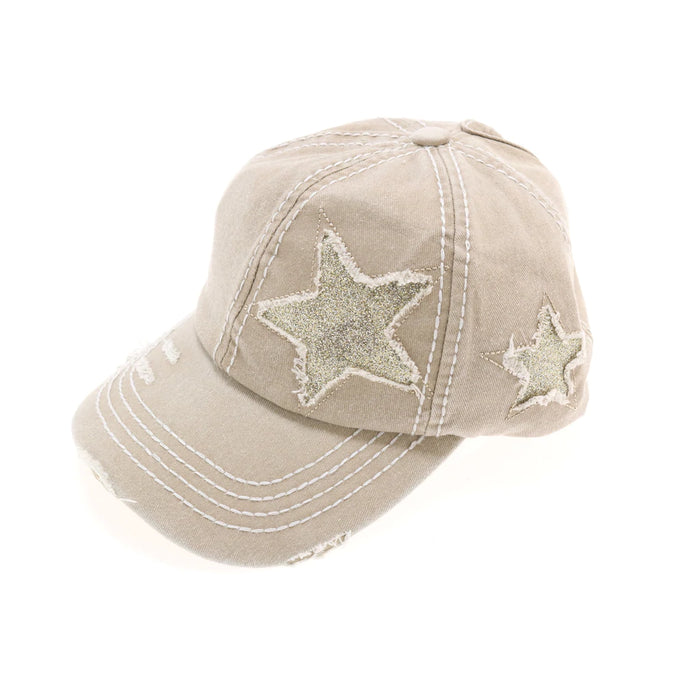beige tan Authentic CC Beanie Distressed High Pony Cap with Glitter Stars ballcap hat sparkle