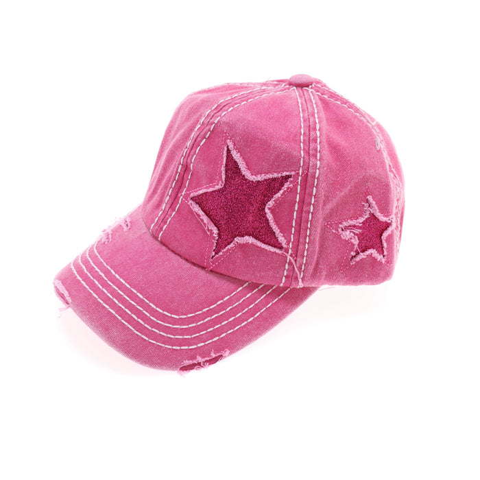 hot Pink Authentic CC Beanie Distressed High Pony Cap with Glitter Stars ballcap hat sparkle