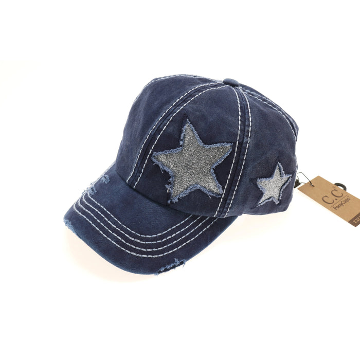 Navy Dark Blue Silver Authentic CC Beanie Distressed High Pony Cap with Glitter Stars ballcap hat sparkle
