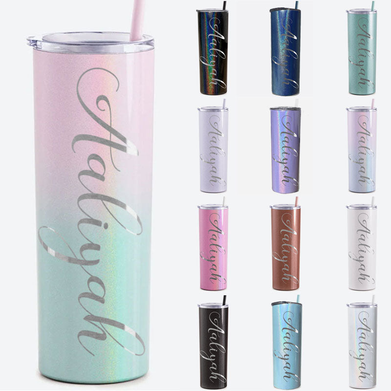 Personalized Script Name Engraved 20 oz Glitter Skinny Tumbler