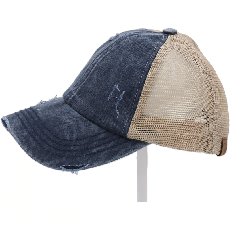 Authentic CC Beanie Criss Cross Distressed Denim Ponytail Hat