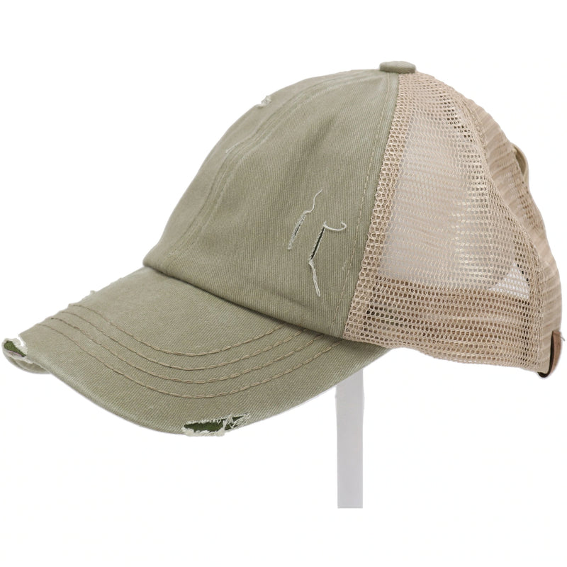 Authentic CC Beanie Criss Cross Distressed Denim Ponytail Hat