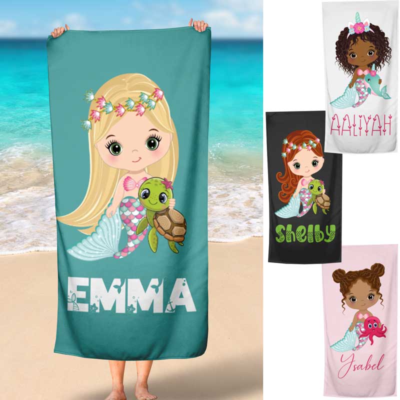 personalized beach towel mermaid name for light skin hispanic african american custom color
