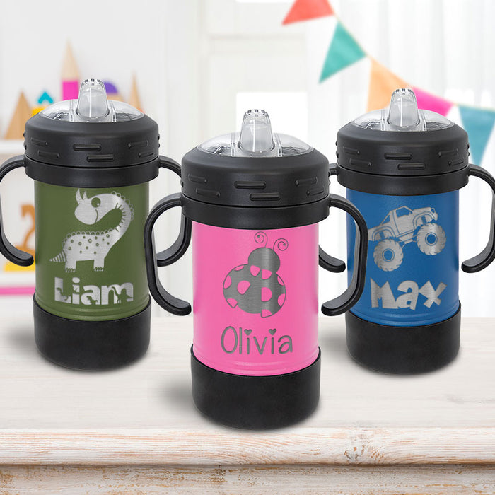 Personalized sippy cup with handles - laser engraved with name and cute children's design - dinosaur, lady bug, princess crown, monster truck, tractor, ballerina, football, baseball, hears, easter bunny, cat, digger backhoe, airplane, fighter jet, flower or hearts