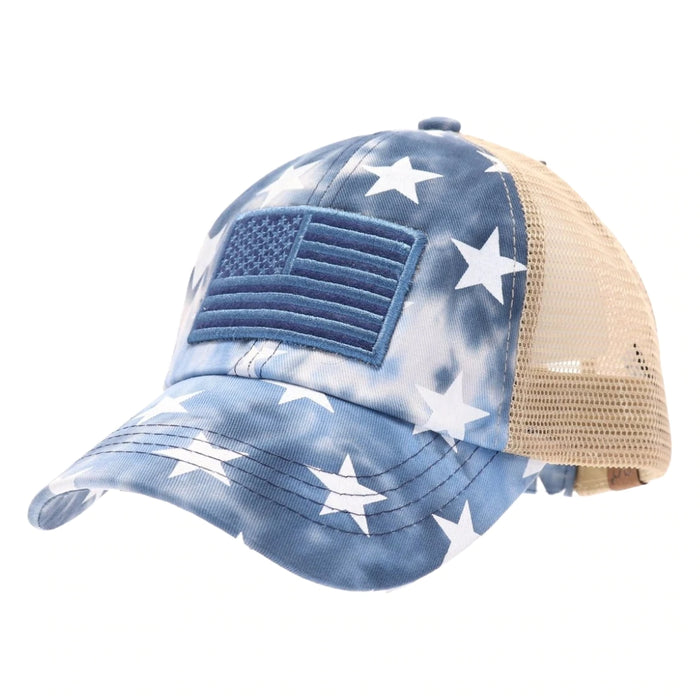 Authentic CC Beanie Tie Dye Star Print with USA Flag Criss Cross High Pony Cap