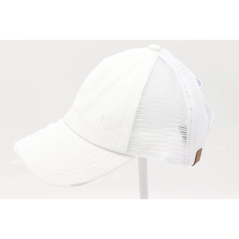 Authentic CC Beanie Criss Cross Distressed Denim Ponytail Hat